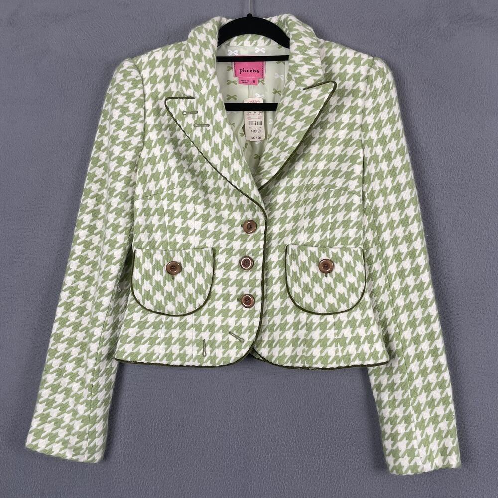 NWT Fabulous Phoebe Couture Green and White Houndstooth Blazer